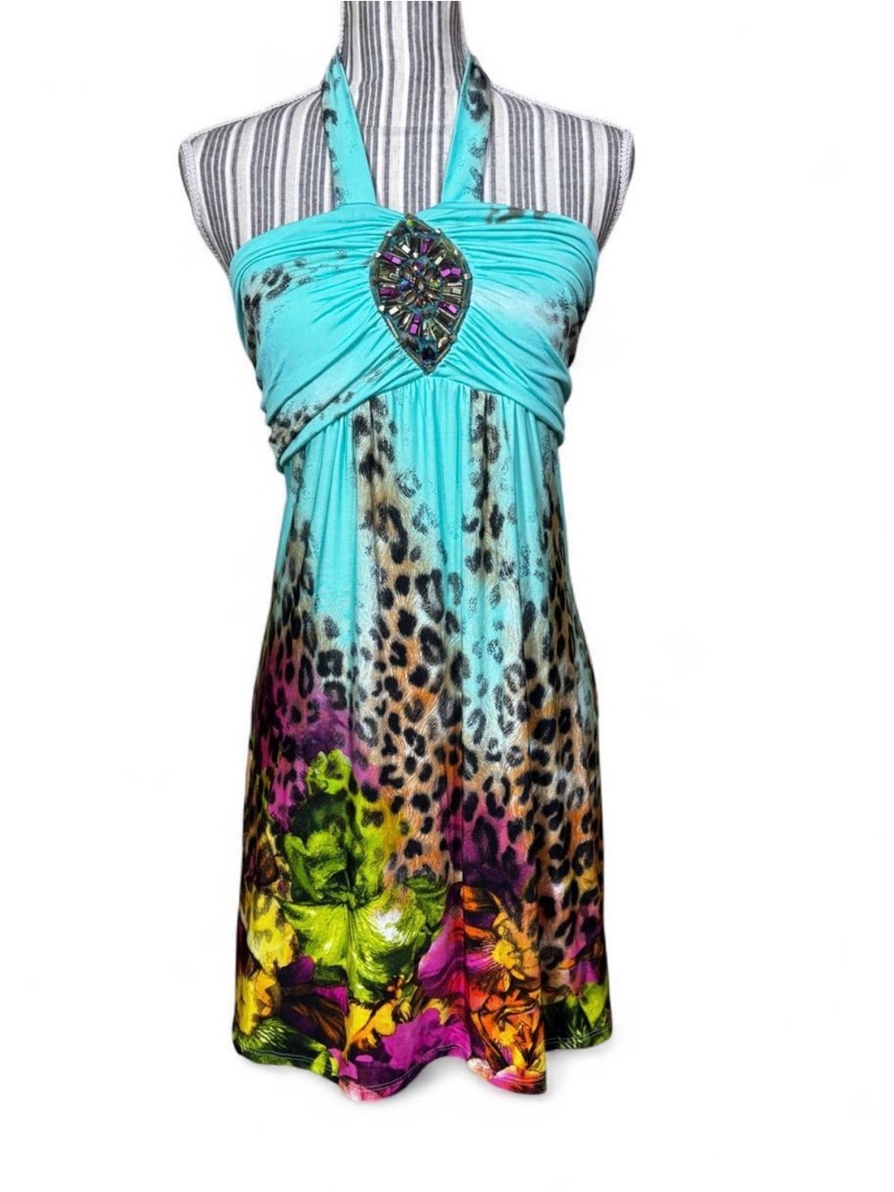 Y2k abstract print halter rhinestone detail dress